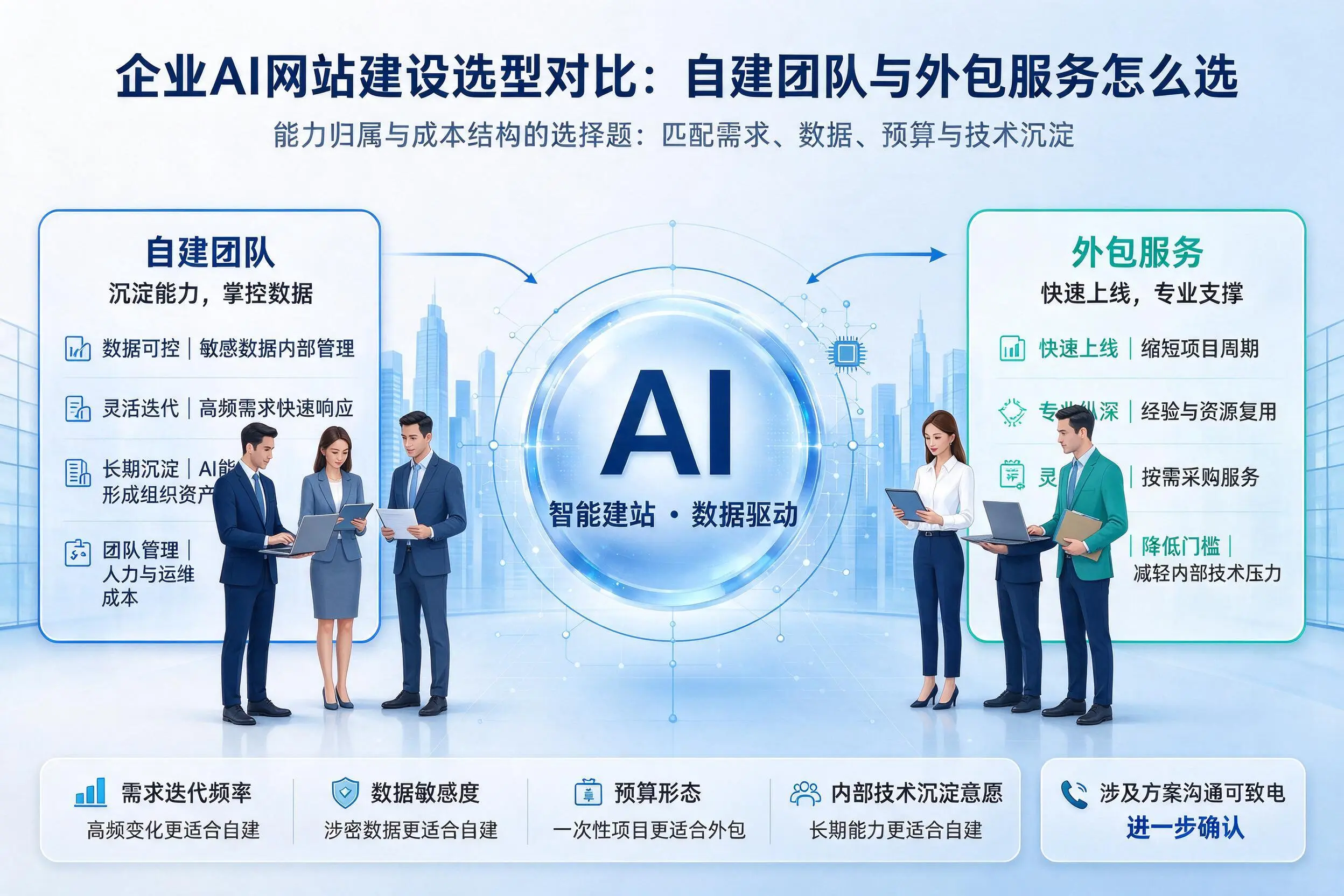 西安企业AI网站建设选型对比:自建团队与外包服务怎么选